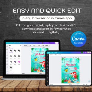 May include: A laptop and tablet display a colorful invitation template with the text "Under the Sea Melanie is turning 17". The design features a mermaid, fish, and aquatic plants. The image also includes the text "EASY AND QUICK EDIT" and "editable Canva template".
