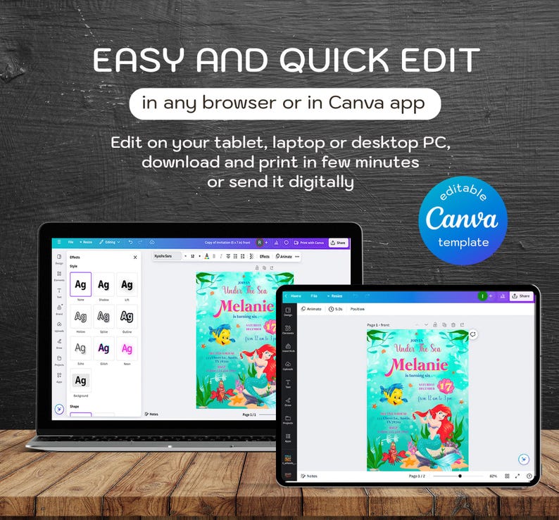 May include: A laptop and tablet display a colorful invitation template with the text "Under the Sea Melanie is turning 17". The design features a mermaid, fish, and aquatic plants. The image also includes the text "EASY AND QUICK EDIT" and "editable Canva template".