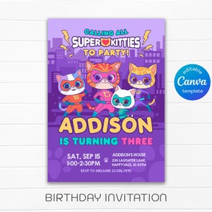 SuperKitties invitation, Printable Editable Super Kitty Invite, SuperKitty Birthday Party invite template, Kitten Invitation Cute Invite