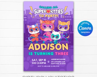 SuperKitties Einladung, druckbare bearbeitbare Super Kitty einladen, SuperKitty-Geburtstagsfeier einladen Vorlage, Kätzchen-Einladung niedlich einladen