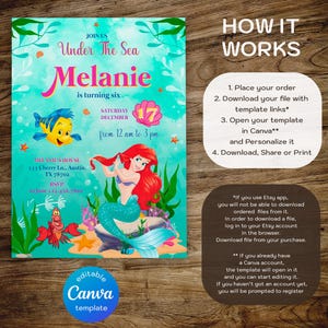 May include: A teal invitation with the theme "Under The Sea" featuring a mermaid, a yellow fish, and a red crab. The invitation is for a birthday party for Melanie, who is turning six. The invitation includes the date, time, and location.