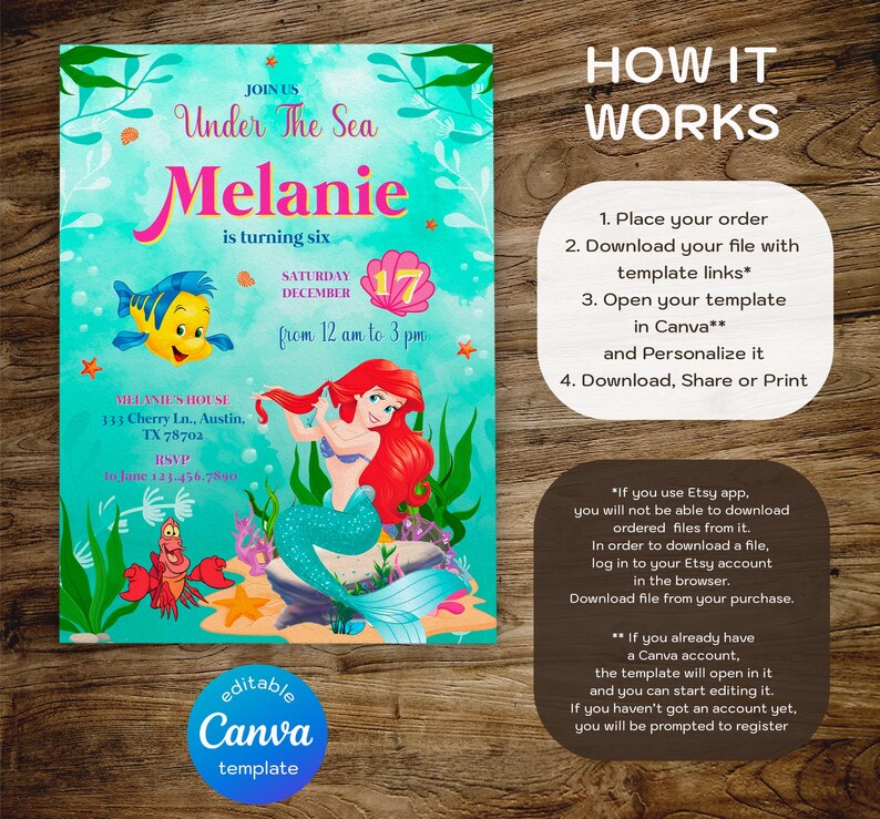 May include: A teal invitation with the theme "Under The Sea" featuring a mermaid, a yellow fish, and a red crab. The invitation is for a birthday party for Melanie, who is turning six. The invitation includes the date, time, and location.
