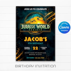 Könnte beinhalten: Eine Geburtstagseinladung mit Jurassic World-Thema. Das Design zeigt eine Dinosaurier-Silhouette, den Text "Jurassic World Rebirth" und Details für Jacobs 9. Geburtstag, einschließlich Datum, Uhrzeit und Ort. Ein Canva-Vorlagenlogo befindet sich in der Ecke.