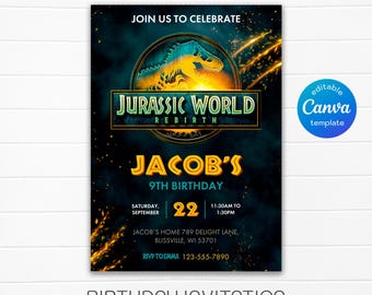 Jurassic Rebirth Movie Dinosaur printable birthday invitation, Dino Birthday invite, Park invitation, World invitation, T-Rex Party invite