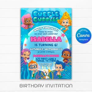 Puede incluir: Una vibrante invitación de cumpleaños con los personajes de Bubble Guppies. La invitación es para el sexto cumpleaños de Isabella, con detalles como la fecha, la hora y el lugar. El diseño es colorido con un tema azul y aguamarina.