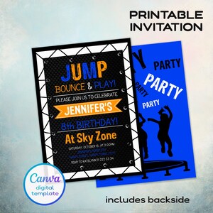 May include: A printable invitation with a black background and white border. The invitation reads "JUMP BOUNCE & PLAY!" and "JENNIFER'S 8th BIRTHDAY!" in orange and blue. A blue invitation with the word "PARTY" is also included.