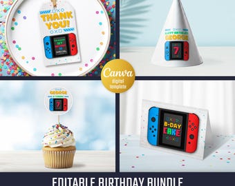 Switch Party Bundle: Gift Tags, Cupcake Toppers, Table Tent, Party Hats - Editable Printable Templates