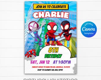 Printable Boy Birthday Invitation, superhero birthday invite, spidey friends invitation, spiderman birthday party invite, super hero