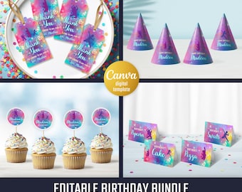 Jump Party Bundle: Gift Tags, Cupcake Toppers, Table Tent, Party Hats - Editable Printable Templates