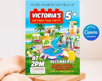 Building blocks invitation, Building blocks water slide invite, printable editable invitation template, constructor invite template