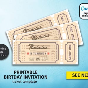 May include: Beige baseball-themed birthday invitation tickets with the name "Nicholas". The tickets have brown and red accents. The printing size is 7.6 x 20.3 cm.