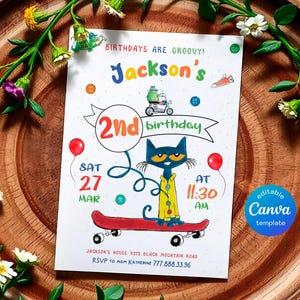 May include: A colorful birthday invitation featuring a cartoon cat riding a skateboard. The invitation is for Jackson's 2nd birthday party on Saturday, March 27th at 11:30 AM. The invitation includes the address and RSVP information.