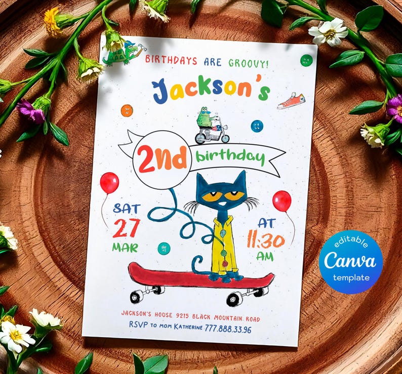 May include: A colorful birthday invitation featuring a cartoon cat riding a skateboard. The invitation is for Jackson's 2nd birthday party on Saturday, March 27th at 11:30 AM. The invitation includes the address and RSVP information.
