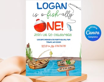 May include: A printable first birthday party invitation for a boy with a fishing theme. The invitation features a cartoon fishing bobber, a fish, a fishing rod, and a boat. The text on the invitation reads "Logan is o-fish-ally one!" and includes details about the party, including the date, time, and location. The invitation is editable in Canva.