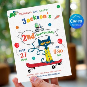 May include: A colorful birthday invitation featuring a cartoon cat riding a skateboard. The invitation says "Jackson's 2nd birthday" and includes details like the date, time, and location. The invitation is decorated with colorful dots and a green turtle.