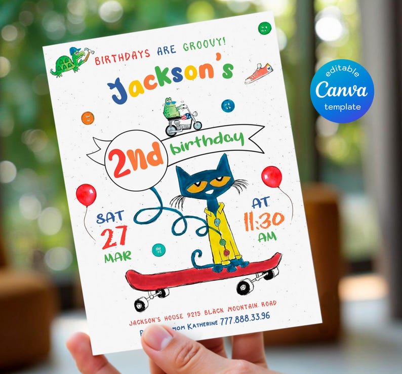 May include: A colorful birthday invitation featuring a cartoon cat riding a skateboard. The invitation says "Jackson's 2nd birthday" and includes details like the date, time, and location. The invitation is decorated with colorful dots and a green turtle.