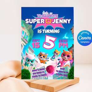 SuperKitties invitation, Printable Editable Super Kitty Invite, SuperKitty Birthday Party invite template, Kitten Invitation Cute Invite