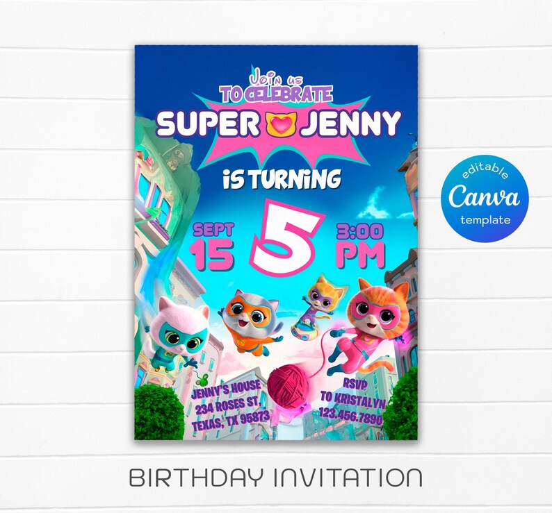 Superkitties Invitation, Printable Editable Super Kitty Invite
