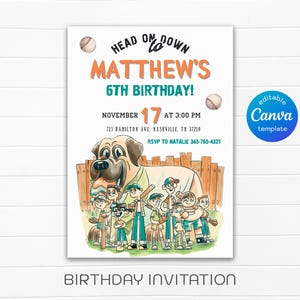 May include: A birthday invitation featuring a cartoon illustration of a dog and a baseball team. The invitation includes the text "Matthew's 6th Birthday!" and event details. The design incorporates baseballs and a wooden fence.