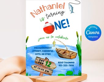 Printable fishing Birthday invitation, ofishally one Invite, big one o-fish-ally Party Template, Editable Invitation, first 1st