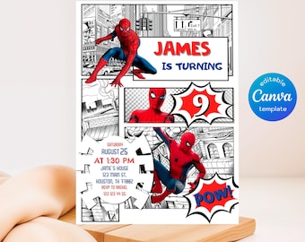 Spiderman birthday invitation, comics superhero invite, printable editable spidey party invite template, spider-man digital template