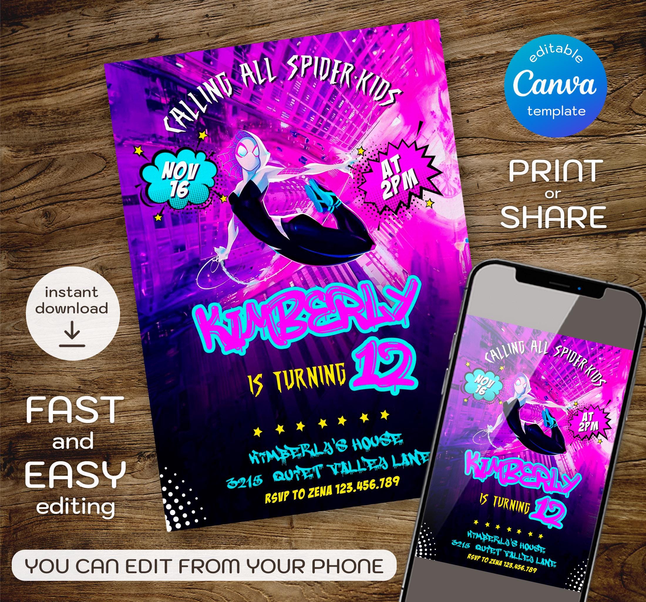 Gwen Birthday Invitation, Spider-verse Girl Birthday Invite, Editable ...