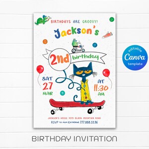 May include: A colorful birthday invitation featuring a cartoon cat riding a skateboard. The invitation says "Jackson's 2nd birthday" and includes the date, time, and location of the party. The text "BIRTHDAYS ARE GROOVY!" is at the top of the invitation.