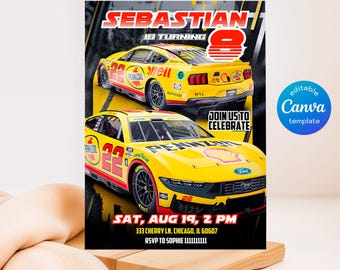 May include: A yellow and black race car birthday invitation with the text "Sebastian is turning 8". The invitation features a yellow race car with the number 22 on the side and the words "Pennzoil" and "Shell" on the car. The invitation also includes the date and time of the party, as well as the address and RSVP information.