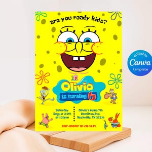 Convite de aniversário do Bob, convite para impressão, modelo de convite para festa no fundo do mar, convite editável, aniversário de menino e menina, primeiro segundo