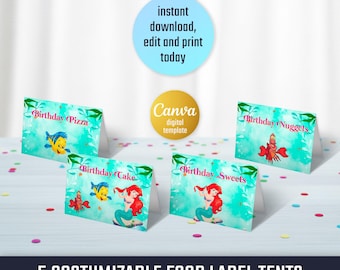 Princess Ariel  printable table tent, food or name lable, birthday party Editable Template, Little Mermaid bday decorations, party favors