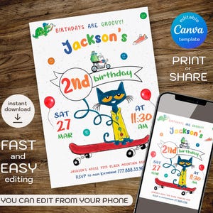 May include: Editable birthday invitation template featuring a cartoon cat on a skateboard. The invitation is decorated with colorful buttons and the text "Birthdays are groovy! Jackson's 2nd birthday". The invitation is designed to be printed or shared online.