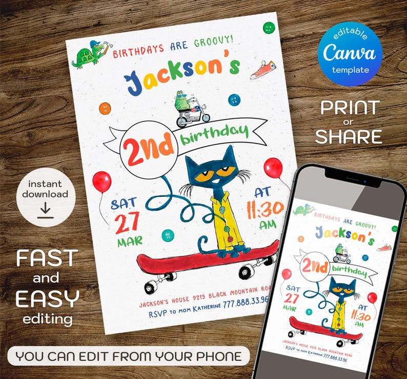 May include: Editable birthday invitation template featuring a cartoon cat on a skateboard. The invitation is decorated with colorful buttons and the text "Birthdays are groovy! Jackson's 2nd birthday". The invitation is designed to be printed or shared online.