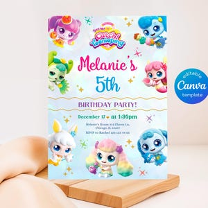 May include: A digital birthday party invitation template featuring Catch! Teenieping characters. The text reads: Melanie's 5th BIRTHDAY PARTY! December 17 at 1:30pm, Melanie's House 333 Cherry Ln, Chicago, IL 60607, RSVP to Rachel 123 123 44 55.