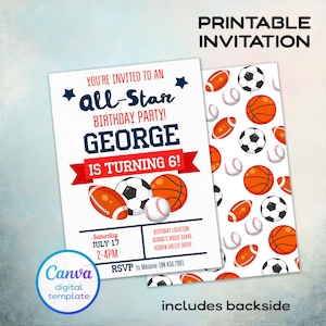 Printable sports invitation, editable sport invite template, baseball birthday, basketball bday, soccer party, football invite, all star