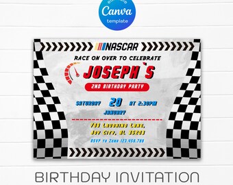 May include: A NASCAR themed birthday invitation for a 2nd birthday party. The invitation features a checkered flag design, a speedometer, and the text "RACE ON OVER TO CELEBRATE JOSEPH'S 2ND BIRTHDAY PARTY". The party details are listed below: "SATURDAY 20 AT 2:30PM JANUARY 789 LAUGHING LANE, JOY CITY, AL 35203 RSVP TO ZENA 123.456.789"