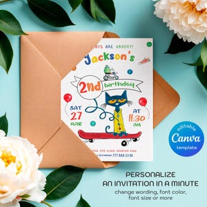 May include: A colorful invitation for a 2nd birthday party featuring a cartoon cat on a skateboard. The invitation says "Jackson's 2nd birthday" and includes the date and time of the party. The invitation is decorated with colorful buttons and a green frog on a scooter.