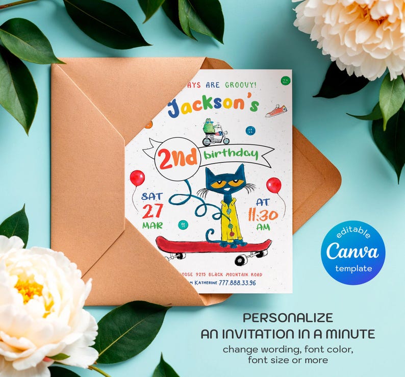 May include: A colorful invitation for a 2nd birthday party featuring a cartoon cat on a skateboard. The invitation says "Jackson's 2nd birthday" and includes the date and time of the party. The invitation is decorated with colorful buttons and a green frog on a scooter.