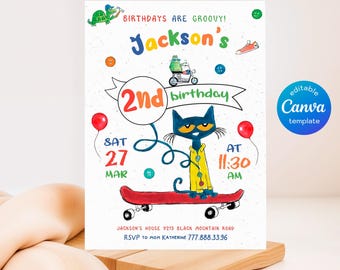printable Pete the Cat Birthday Party Invitation, Editable Pete the Cat Invite, Party Invite Template, boy girl birthday