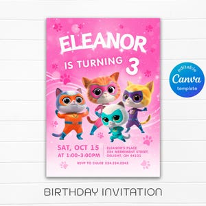 SuperKitties invitation, Printable Editable Super Kitty Invite, SuperKitty Birthday Party invite template, Kitten Invitation Cute Invite
