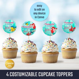May include: Four cupcakes with white icing and colourful sprinkles, each topped with a round topper featuring Ariel from The Little Mermaid. The toppers say "Amanda is turning five!" and are easy to edit in Canva.