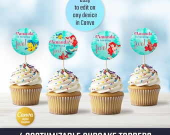 Princess Ariel  printable cupcake toppers, birthday cake decor,  party Editable Template, diy Little Mermaid bday decorations,  party favors