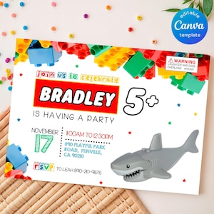 May include: A party invitation with a white background, featuring the name "BRADLEY" in large red letters. The invitation includes the text "IS HAVING A PARTY" and details for the event, including a shark toy and colorful building blocks.