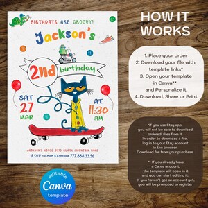 May include: A colorful invitation for a 2nd birthday party. The invitation features a cartoon cat riding a skateboard. The text on the invitation reads "Jackson's 2nd birthday" and includes the date and time of the party. The invitation also includes the address and RSVP information. The invitation is an editable Canva template.