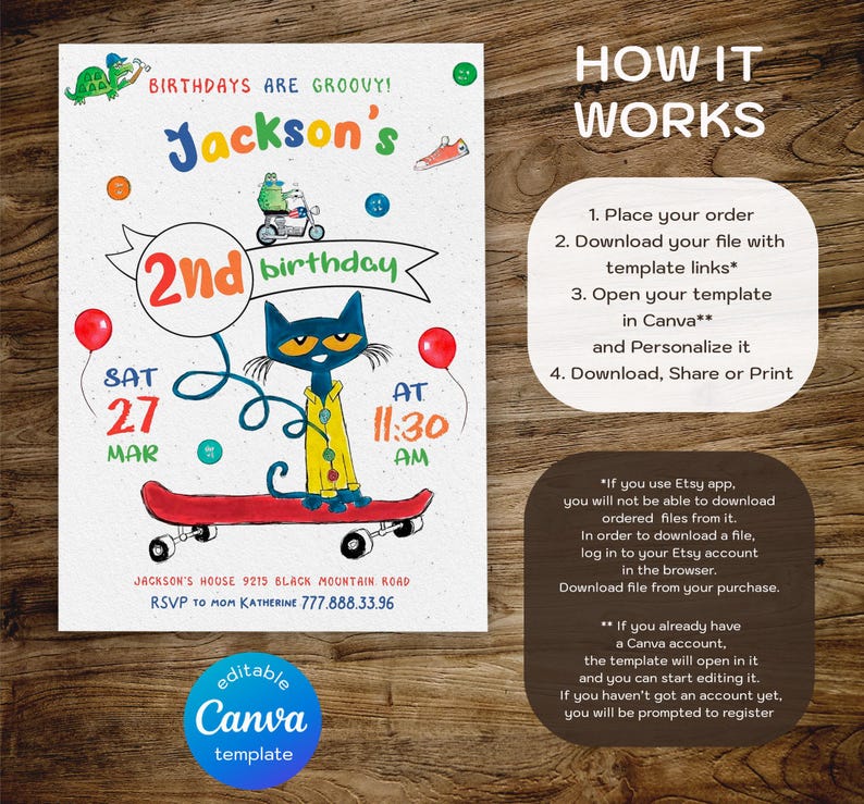 May include: A colorful invitation for a 2nd birthday party. The invitation features a cartoon cat riding a skateboard. The text on the invitation reads "Jackson's 2nd birthday" and includes the date and time of the party. The invitation also includes the address and RSVP information. The invitation is an editable Canva template.