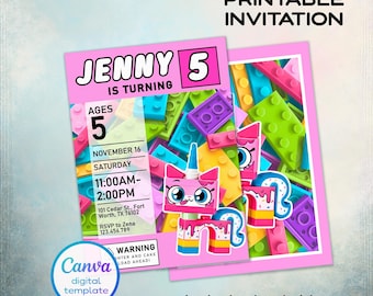 Building Blocks invitation, Building Blocks invite, printable editable Unicorn invitation template, invite template, 1st 2nd 3rd girl bday