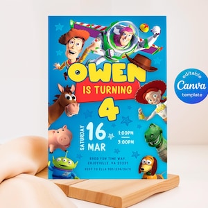 May include: A blue birthday party invitation featuring characters from the Toy Story movie. The invitation says "Owen is turning 4" with the date, time, and location details. A "Canva template" logo is in the corner.