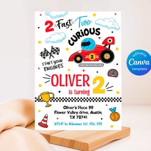 Afdrukbare twee snelle verjaardagsuitnodiging, aquarel raceauto verjaardag, twee snelle verjaardagsuitnodiging, retro raceauto uitnodigen, 2e jarige