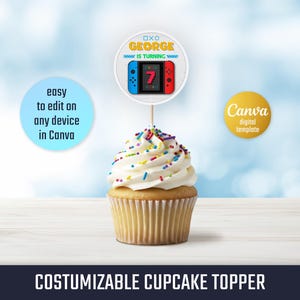 Utskrivbara muffinstoppare med Switch, tårtdekorationer, redigerbar mall för fest, gör-det-själv-spelfest, födelsedagsdekorationer, festgåvor