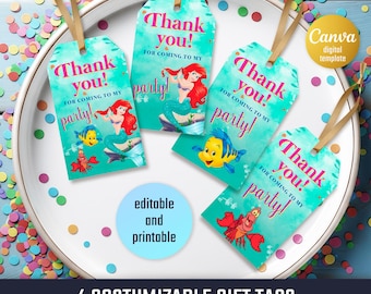 Princess Ariel  printable gift tags, birthday party thank you card, Editable Template, diy Little Mermaid bday decorations,  party favors