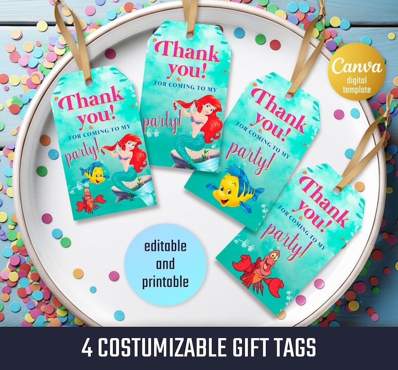 Peut inclure: Quatre &eacute;tiquettes cadeaux personnalisables avec un fond turquoise et un ruban dor&eacute;. Chaque &eacute;tiquette pr&eacute;sente le texte &laquo;&nbsp;Merci&nbsp;! Pour votre venue &agrave; ma f&ecirc;te&nbsp;!&nbsp;&raquo; et une illustration de sir&egrave;ne. Les &eacute;tiquettes sont dispos&eacute;es sur une assiette blanche avec des confettis color&eacute;s.